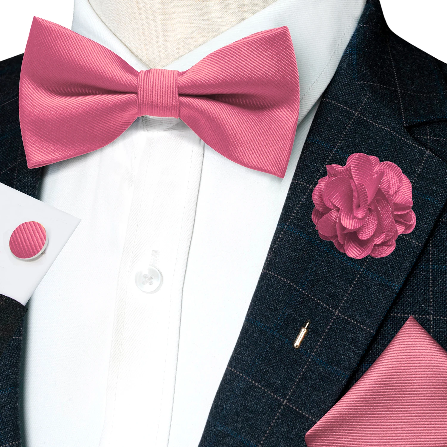 Hochzeits-Fliege für Herren, einfarbig rosa, vorgebundene Fliege, Einstecktuch, Manschettenknöpfe, Corsage-Set, Party, Business, Seiden-Schmetterlingsknoten, Geschenk – Detail 7
