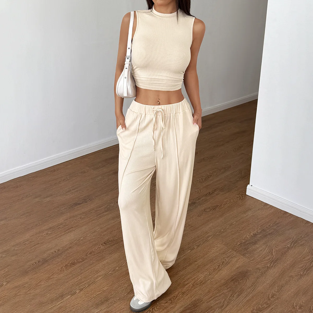 

2 Piece Sets Women Vest Top Wide Leg Pants Suit Sleeveless Waistcoat Drawstring Lace Up Elastic Waist Trousers Summer Outfits