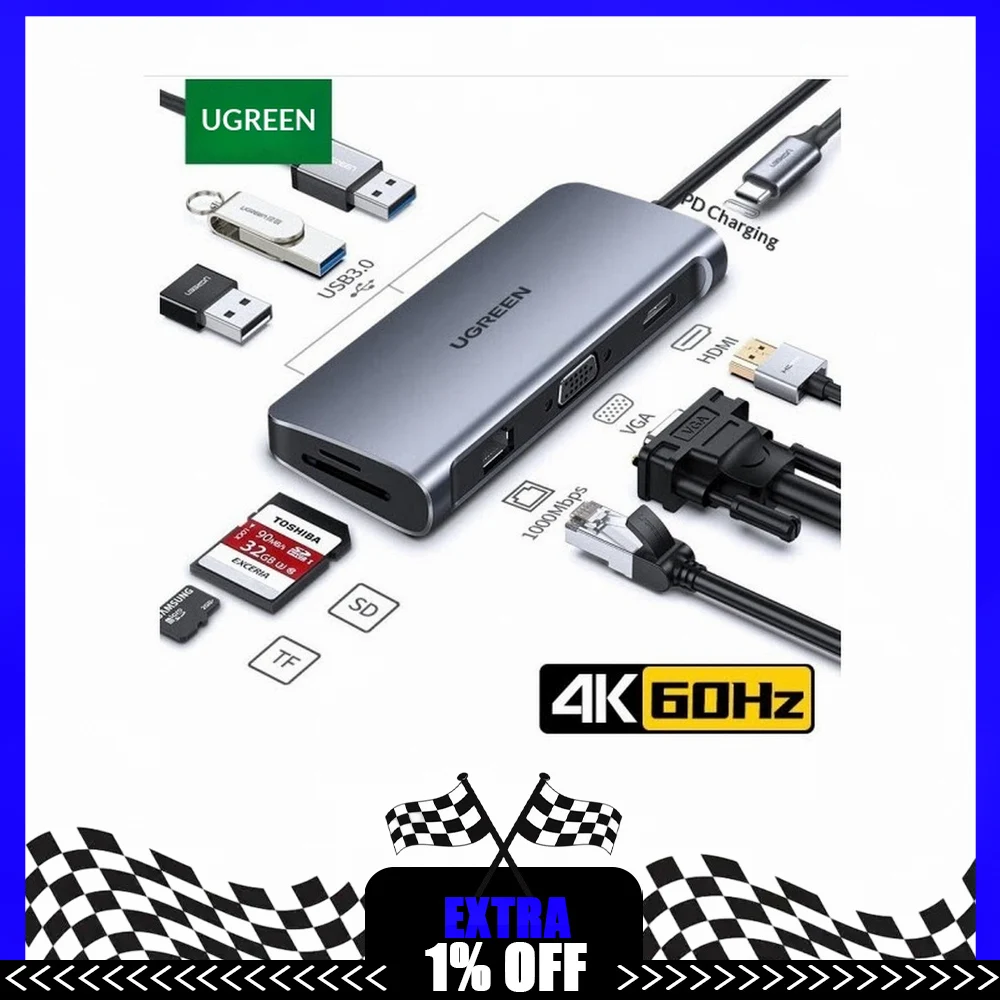 UGREEN 70490 USB C Hub 9 in 1 with 4K HDMI VGA Gigabit Ethernet USB 3.0 SD TF PD Type C Docking Station