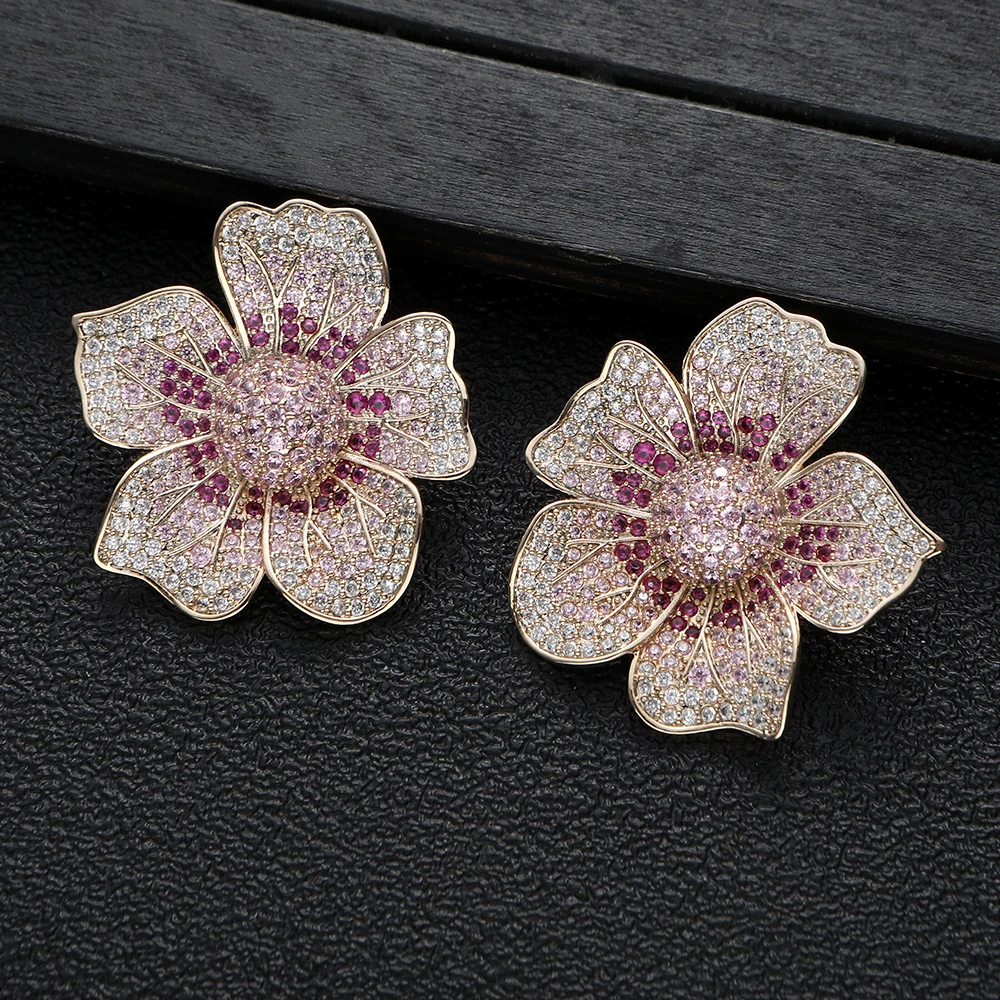 Luxury Multicolor Five Leaves Flowers Stud Earrings For Women Wedding Cubic Zircon Crystal African Dubai Bridal Earring A20131