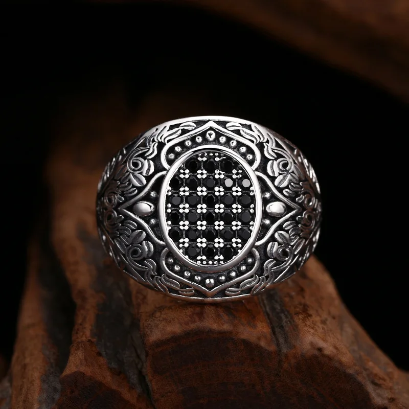 S925 Sterling Silver Black Zircon Adjustable Ring Punk Style Hip Old Process Vine Free Size Fine Jewelry FYRNG123