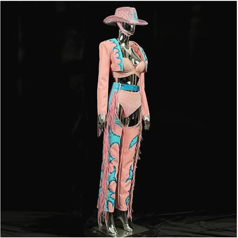 Pink Western Cowboy Suit Rhinestone Sexy Gogo Nightclub Performance Costume Festival Party Show Outfit Carnival Clothes