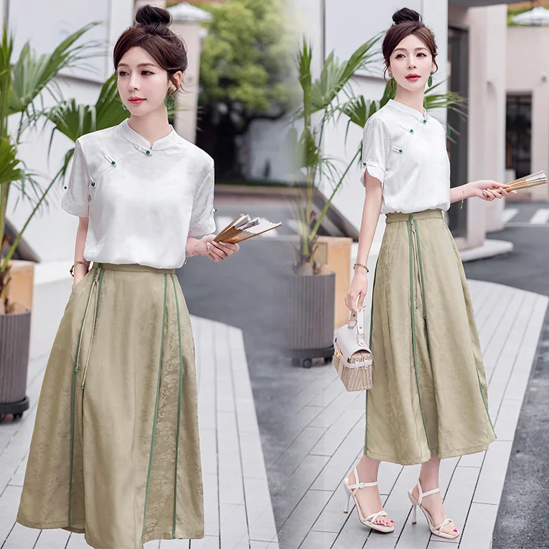 

Young Women's Summer Short Sleeve Top And Skirt Set Traditional Qipao Improved Version Fashionable Two-Piece Ensemble