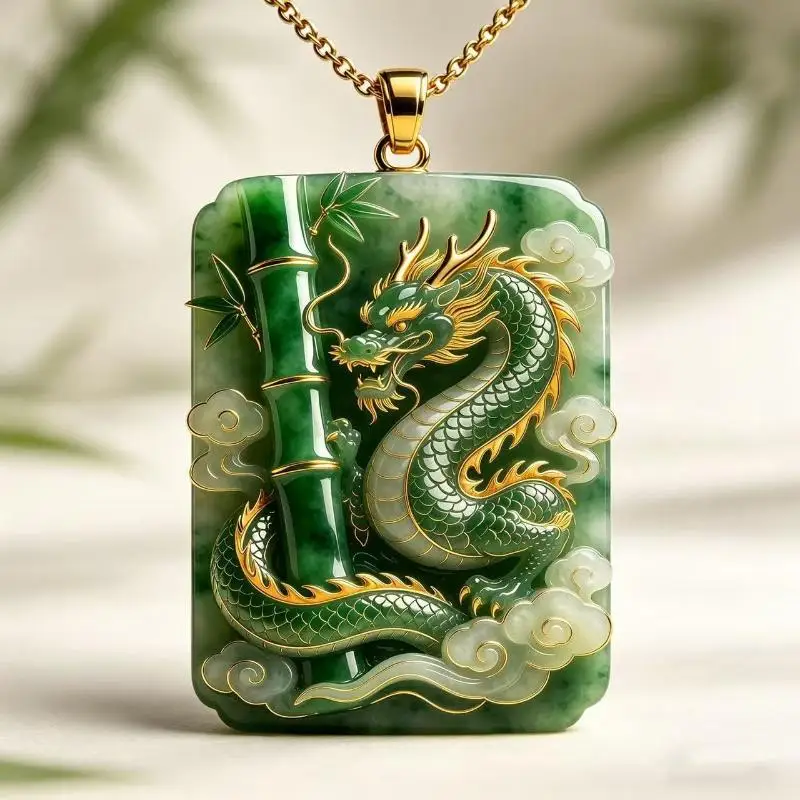 Carved Dragon Jade Pendant Necklace Bamboo Carved Vintage Green Square Pendant Retro Green Stone Green Jade Dragon Pendant