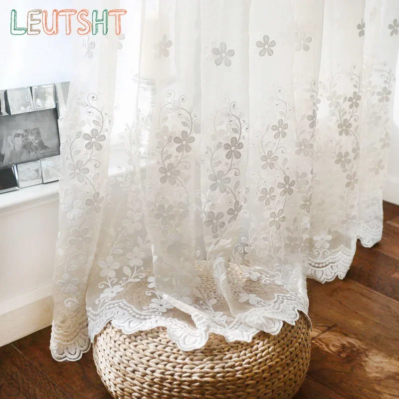 

Modern White Lace Sheer Tulle Curtains Flower Embroidered Kitchen Curtains For Living Room Bedroom Window Voile Tulle Drapes