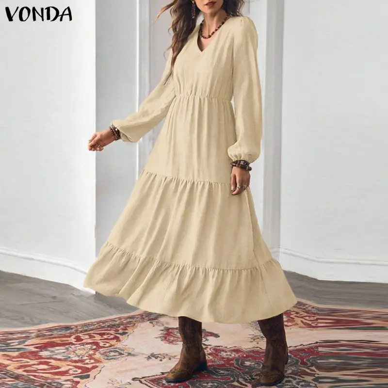 

VONDA Plus Size 5XL Women Puff Sleeve Long Dress Autumn V-Neck Solid Midi Vestidos 2026 Fashion Elegant Streetwear Ruffled Robe