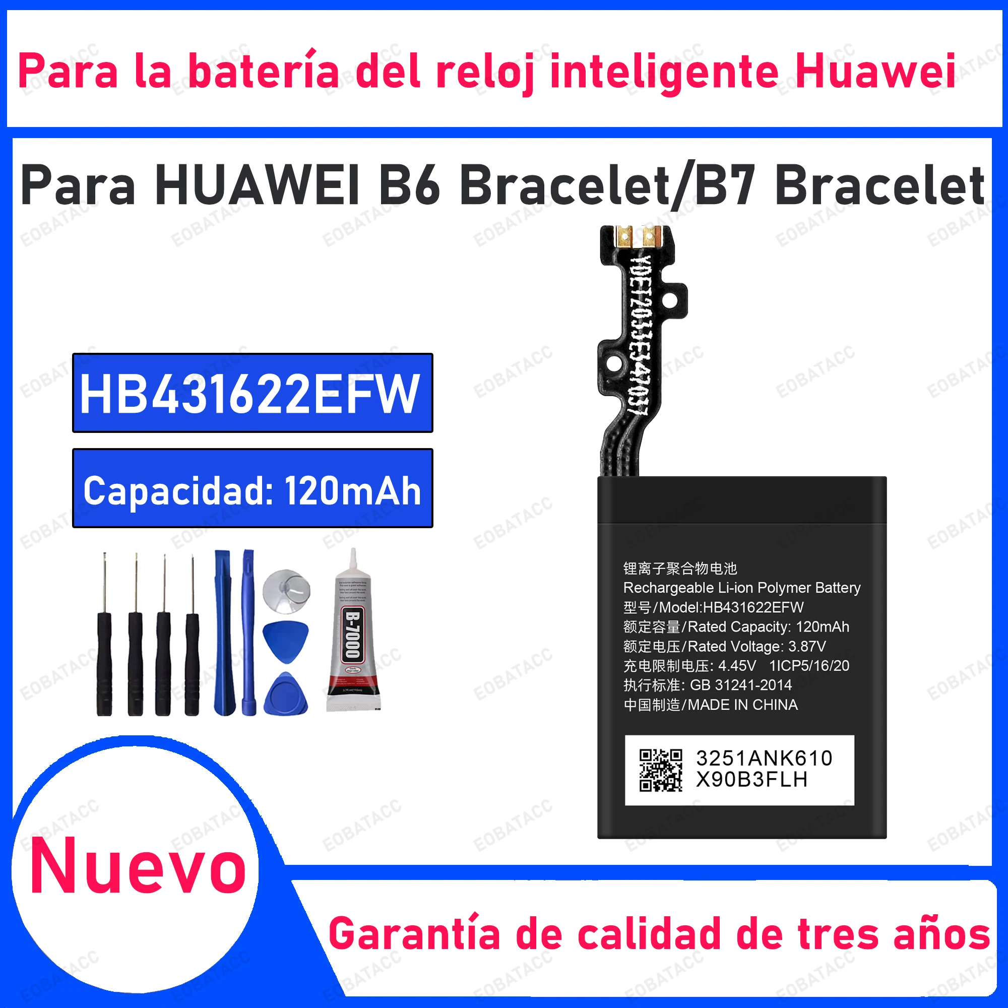 

120mAh 100% New HB431622EFW Battery For HUAWEI B6 Bracelet/B7 Bracelet Replacement Bateria+Free Tools