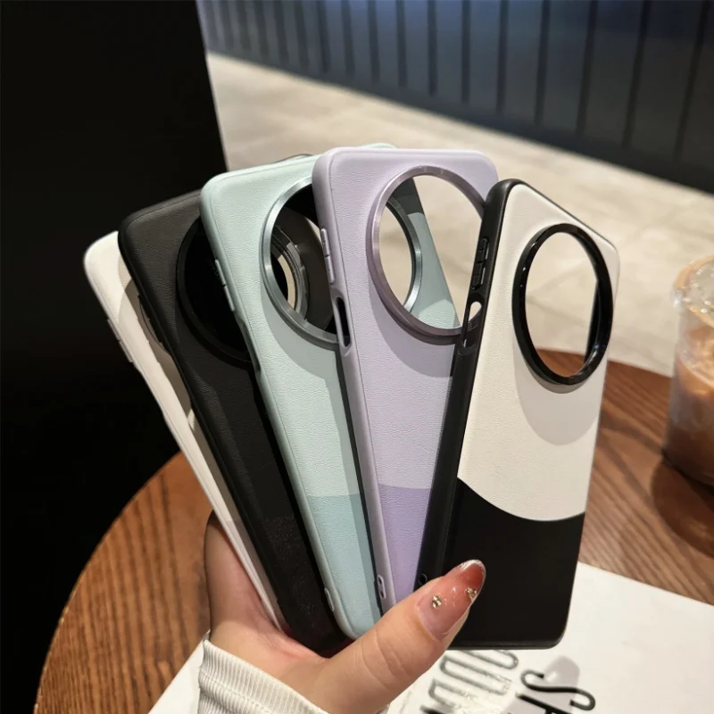 Luxury Double Color Plain Leather Phone Case For Huawei P70 Mate 70 60 60RS 50 40 Pro Metal Lens Protection Shockproof PC Cover