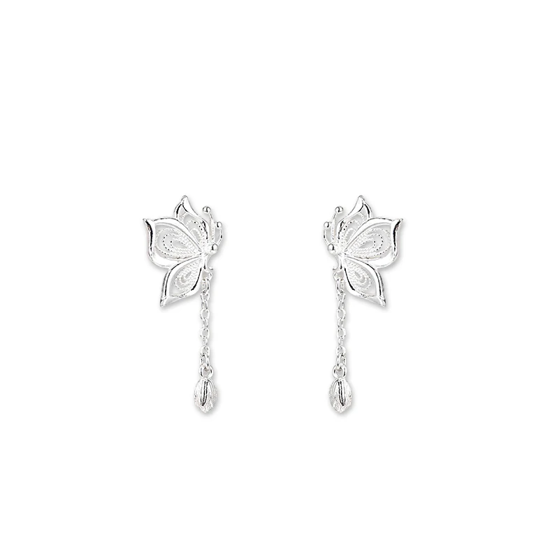 999 silver tassel hollow butterfly earrings for girls