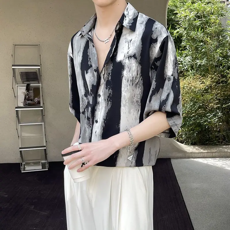 2024 New Summer Haute Couture Lapel Print Korean Version Ruffled and Handsome Loose Casual Oversize Medium Sleeved Floral Shirt