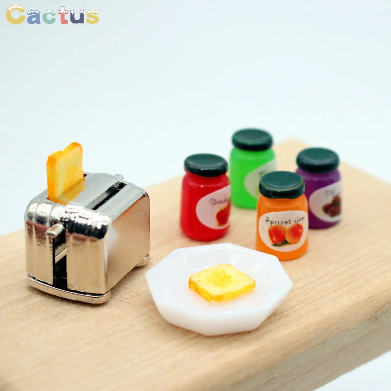 1Set 1:12 Miniature Dollhouse Bread Machine Bread Jam Dinner Plate Combination Model Kitchen Scene Simulation Toys Accessories