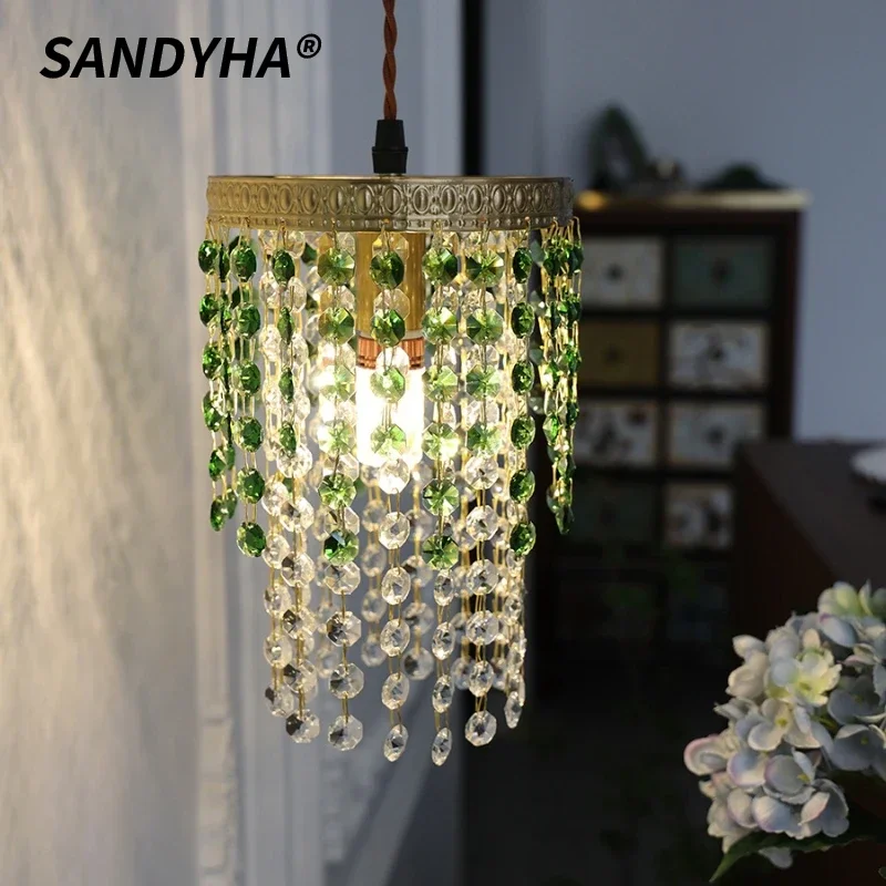 

SANDYHA Retro Crystal Pendant Light Green Lustre Ceiling Chandelier Led Hanging Lamp for Bedroom Living Room Dining Table Home