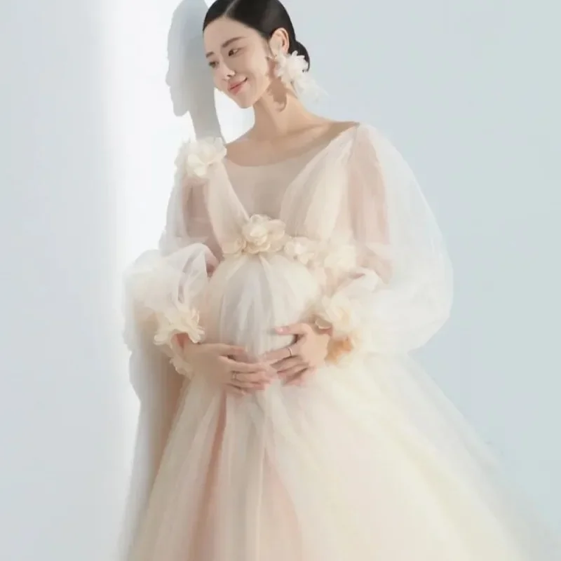 Maternity Photography Dress Long Sleeve Baby Shower  Pregnancy Fancy  Flower Lace Robe Maxi Gown Maternity