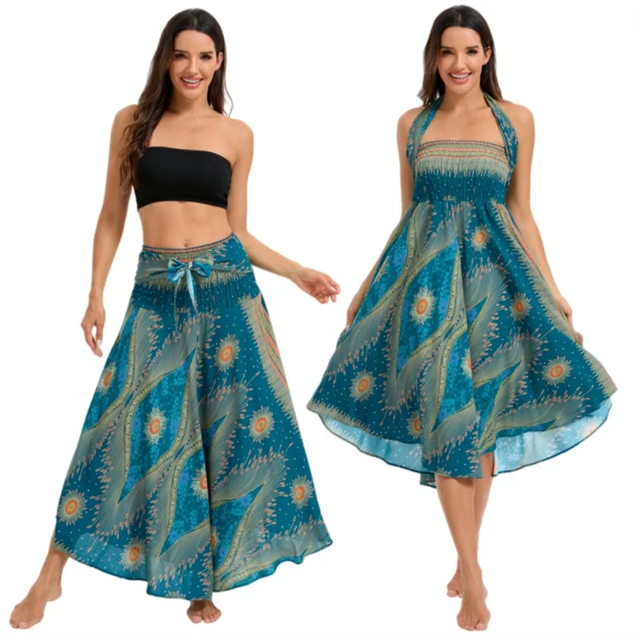 Damen Boho-Kleid aus Rayon, Atmungsaktiv, Weich, Sommerliches Bohemian Langes Kleid, Strandkleidung, Urlaub, Elastische Taille, Bandage-Neckholder, Hippie-Kleid – Detail 7