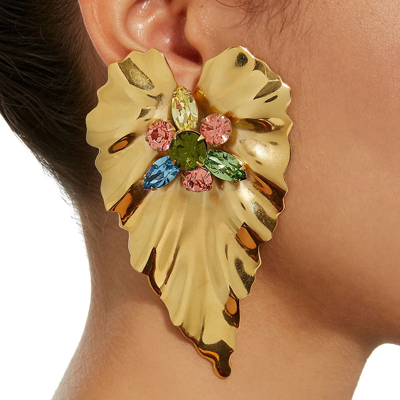 

AETEEY Hyperbole Leaf Colorful Crystal Earrings, Creative Bohemian Statement Earrings for Women