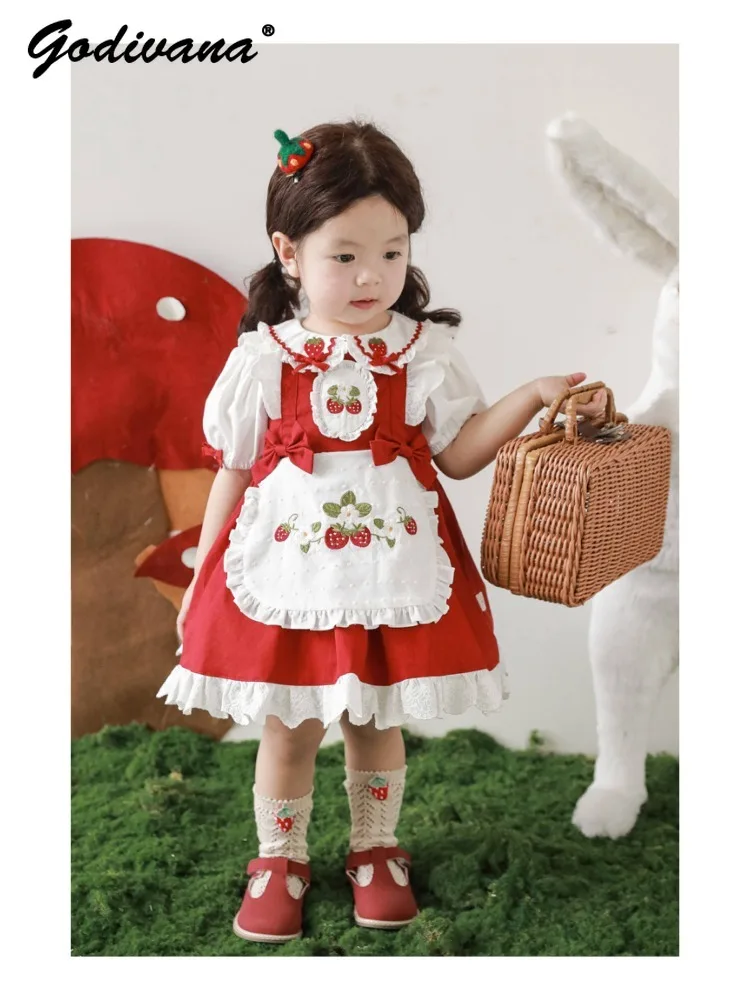 

Sweet Baby Girls French 2pcs Sets Kids Summer Cute Strawberry Embroidery Peter Pan Collar Shirt Bow Lace Ruffle Suspender Dress