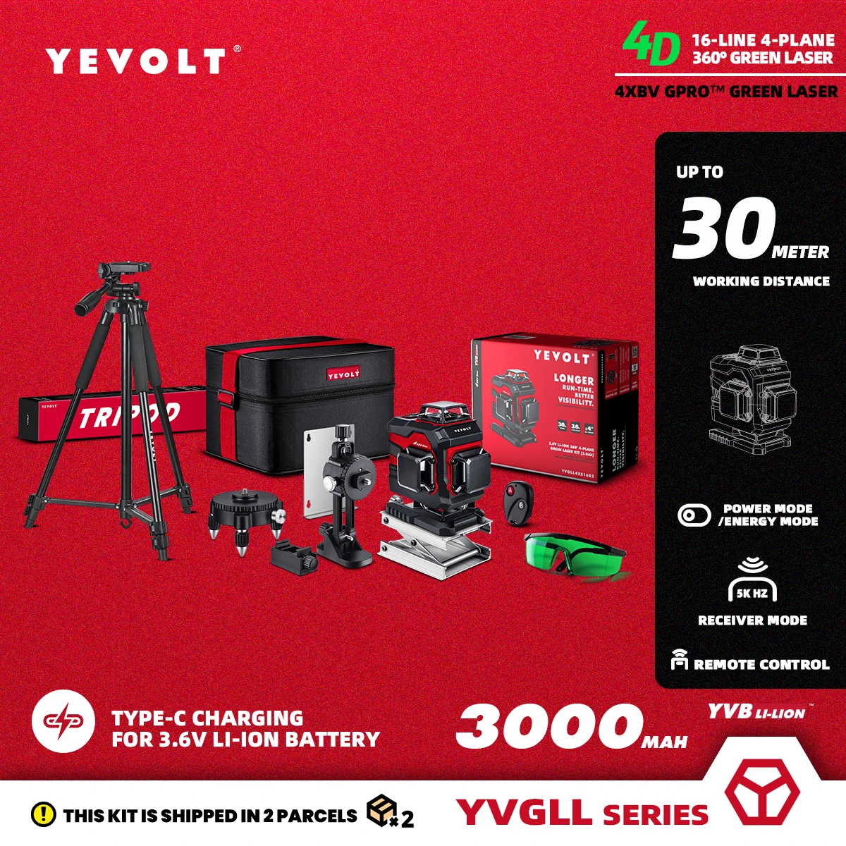 

YEVOLT TP-YVGLL4XS16B2 4-Plane Green Beam Laser Level Kit 4D 16 Lines Self-Leveling Measuring Tools - 1.5M Aluminum Tripod