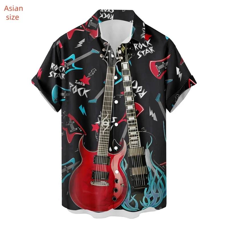 3D Print Music Guitar Hawaiian Shirt For Men Musical Instrument Pattern Blouse Summer Loose Button Lapel Tops Beach Aloha Shirts