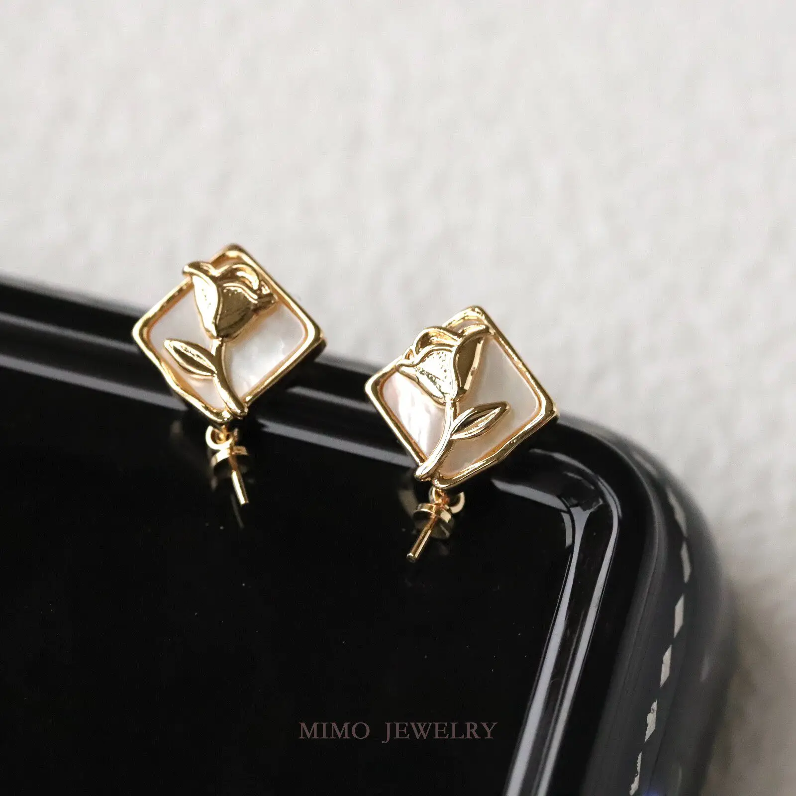 Copper Plated Real Gold Square White Fritillary Rose 925 Silver Needle Stud Earrings DIY Handmade Accessories