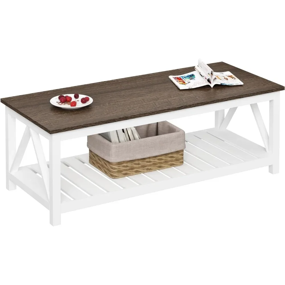 Furniture, Living Room Table Modern Simple with Shelves Easy To Assemble Rustic Vintage Living Room Table, 40 White