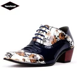 Mens Floral  Patent Leather Pointed Toe Dress Shoes 2022 Skull Pleated Oxford Shoes for Men White  Height Increase Wedding Shoes