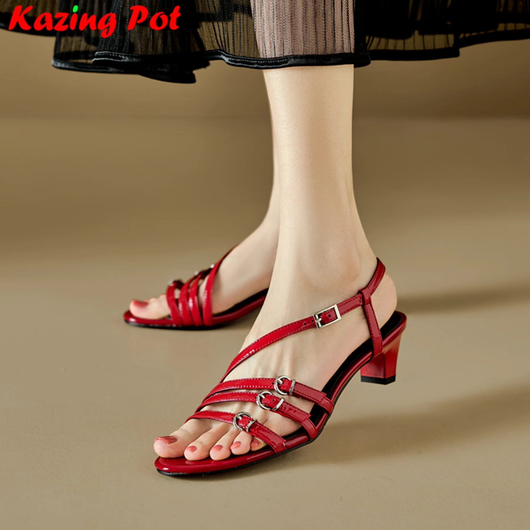 Krazing Pot 2024 Sheepskin Buckle Strap Med Heels Summer Autumn Shoes Casual Peep Toe Concise Brand Red Wedding Women Sandals