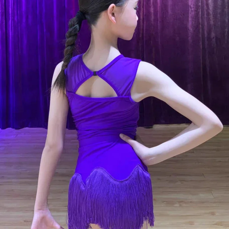 1 pieza/lote de vestido de baile latino morado de verano para niñas, Color sólido Sexy, vestido de baile de Tango con precisión