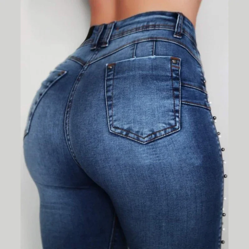 Jeans Pants Woman High Waist Slim Skinny Elastic Denim Trousers Femme Vintage Blue Beading Push Up Pencil Jeans