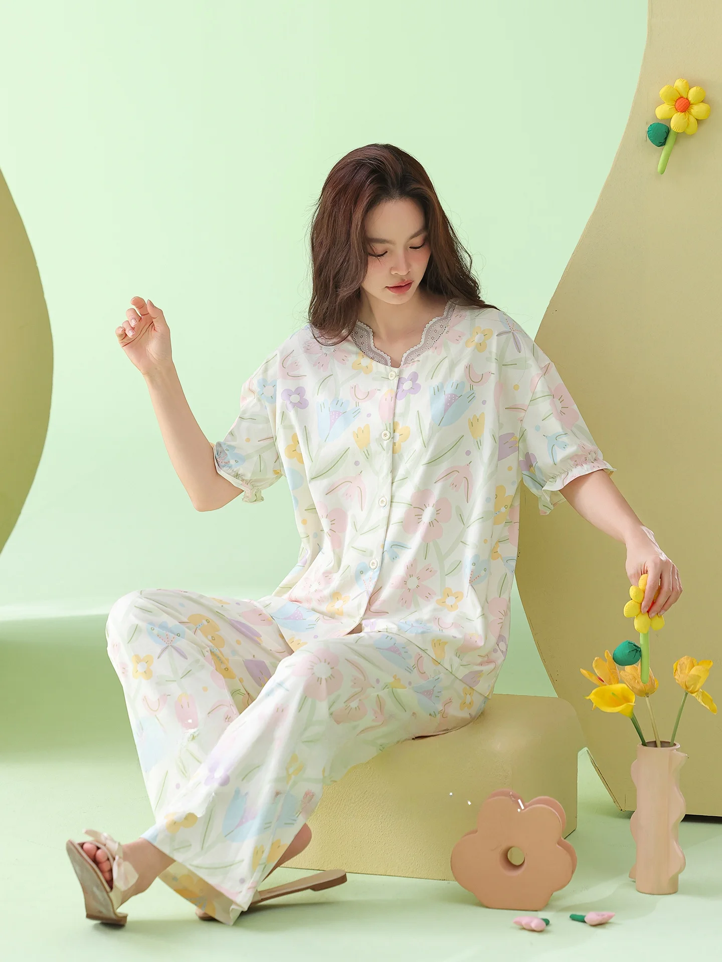 plus-size-cotton-sleepwear-women's-summer-loose-home-clothes-floral-hand-painted-sweet-style-comfortable-breathable-pajamas