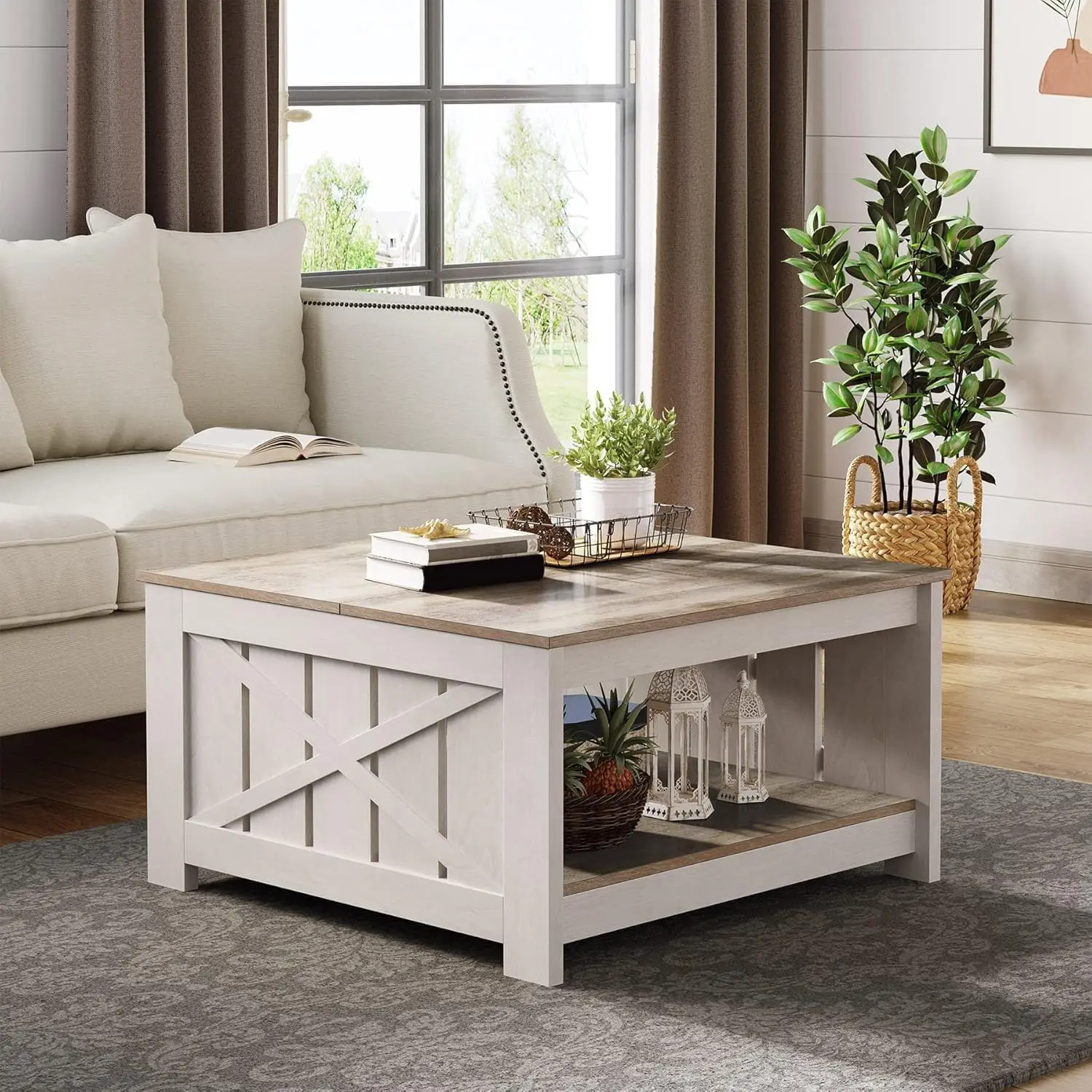 Farmhouse Coffee Table with Storage, Rustic Wood Cocktail Table, Square Design for Living Room, Grey Wash Finish