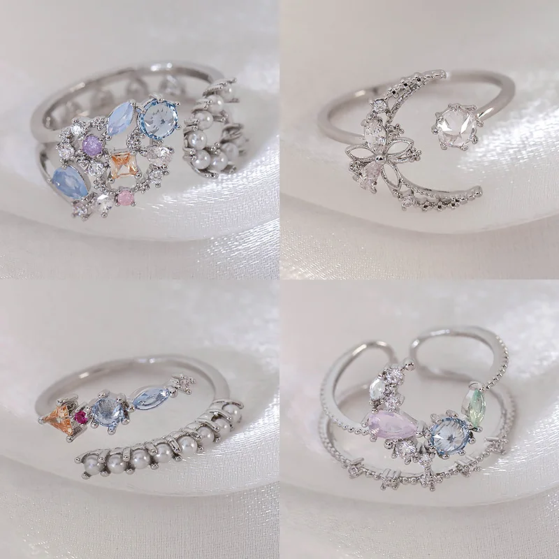 South Korea Fashion New Moon Simple Open Ring Sweet Pearl Flower Elegant Ring Women Jewelry