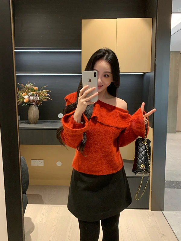 

XIN Winter Red Lace Collar Asymmetrical oulder Knitwear Women Slimming Versatile Soft Nylon Acrylic Polyester Rabbit Fur