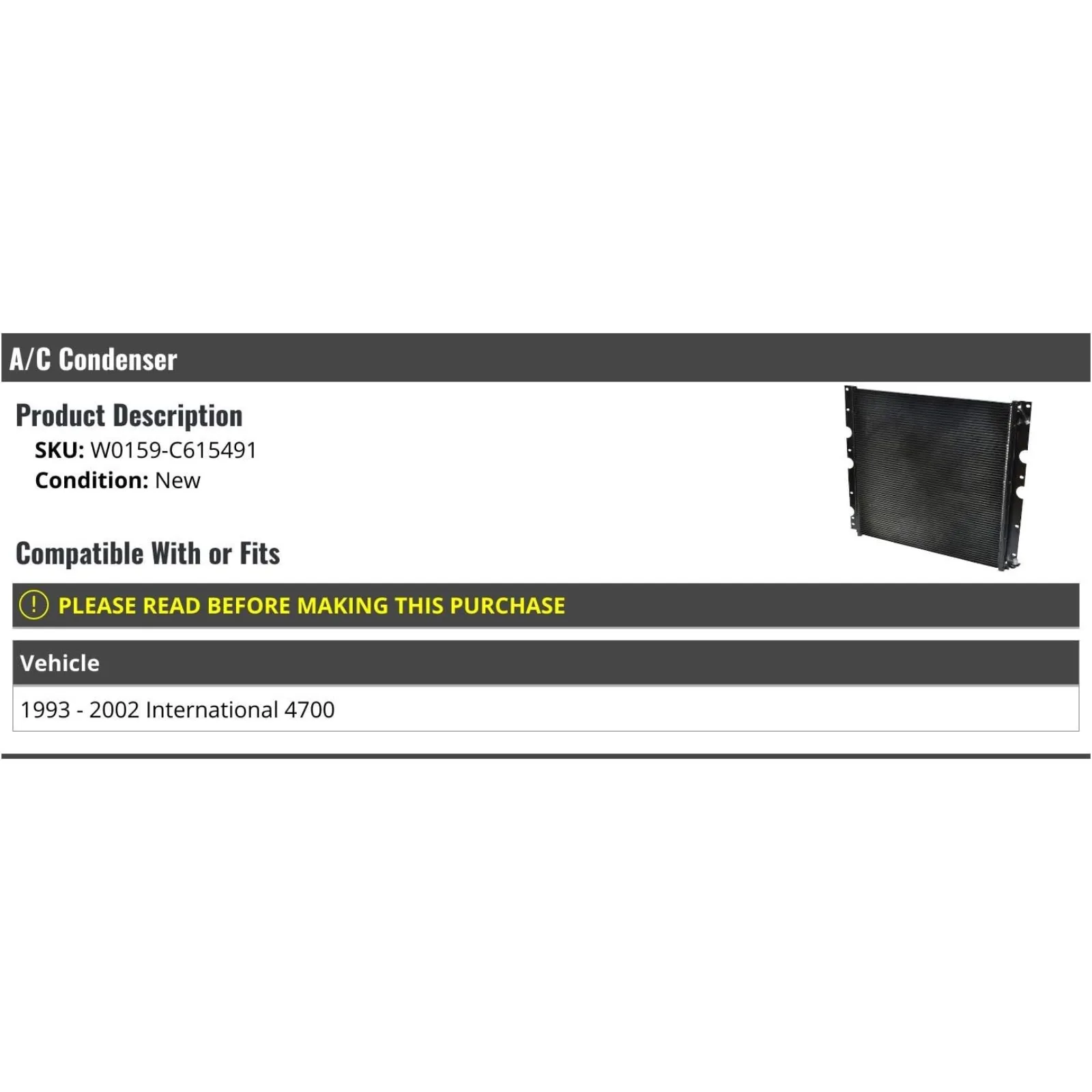 Condensador de aire acondicionado estadounidense - Compatible con International 4700 1993-2002