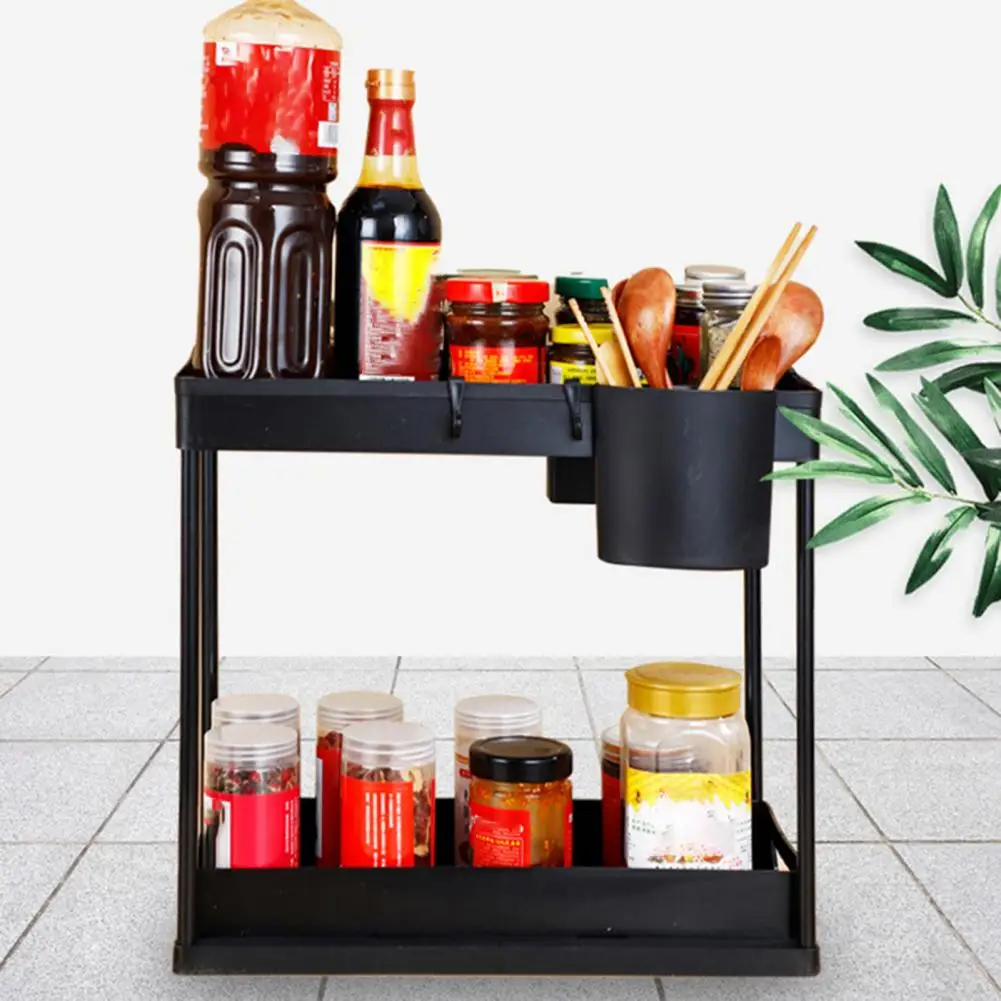 

Home Organization Rack Double-layer Bathroom Storage Rack with Multi Hooks Chopsticks Holder Pull-out Drawer for under Sink