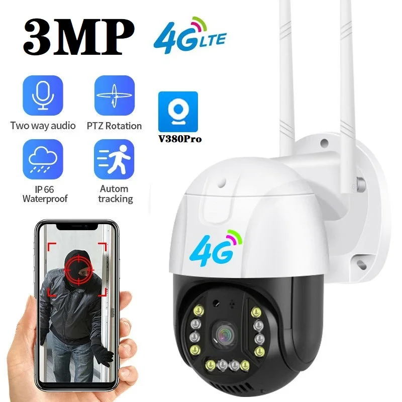 Top 4G 3MP PTZ Camera Outdoor SIM Card Security Camera CCTV Surveillance Full Color Night Vision Motion Detect Auto Tracking