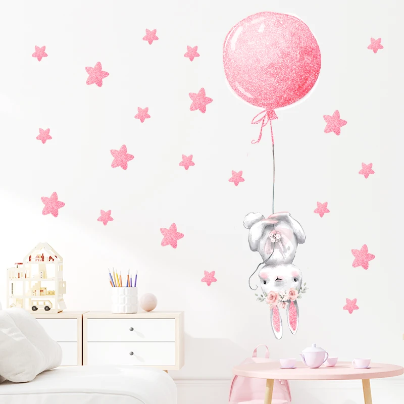 Rose Gold Pink Girl Bunny with Hot Air balloon Wall Stickers for Kids Room Baby Nursery Room Decorative Stickers for Girl Decals