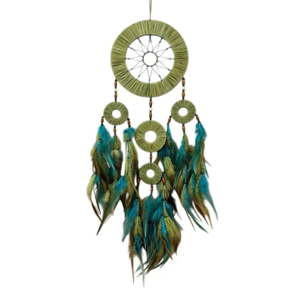 Forest Green Dream Catcher Multilayer Feather Pendant Bohemian Five-Circle Dream Catcher Home Decor Wind Chime Wall Decoration