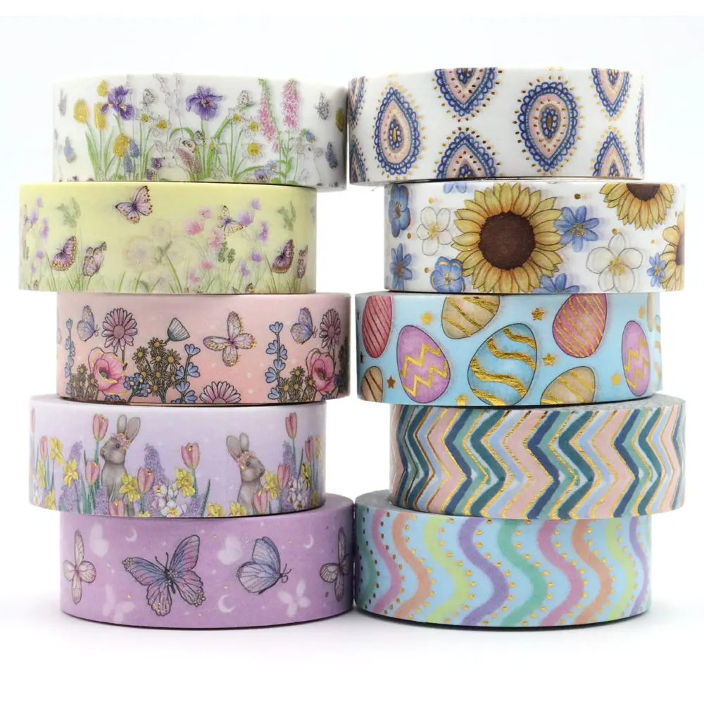 NEW 1PC 15mm*10m Gold Foil Spring Floral Valentine's Love Rose Easter Eggs Rabits Colourful tape Washi Tapes Office Supplies