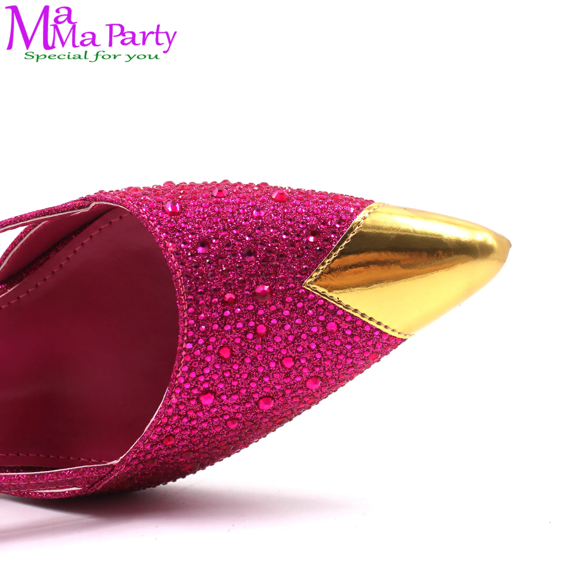 2024 Sexy Office Ladies Shoes and Bag Set High Quality New Design Pointed Toe with Crystal  Fuchsia Color for Party