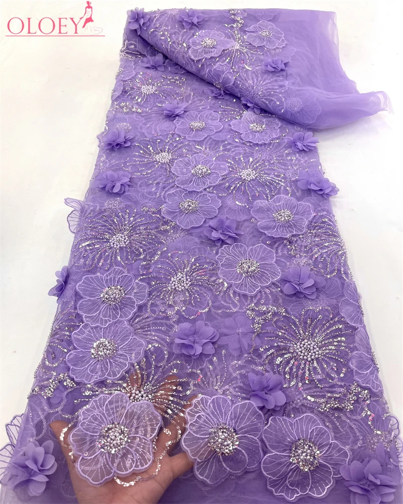 Latest High Quality Elegant Embroidery 3D Flower Lace Fabric African Nigeria Beaded Fabric  Wedding Dress