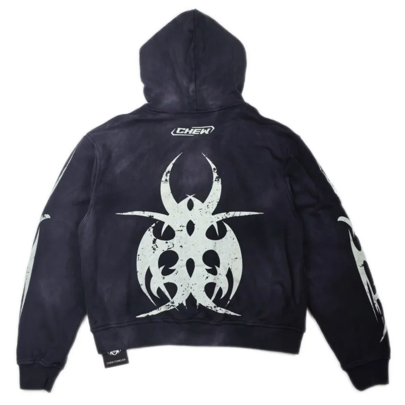 Heavyweight Cotton Balck Short Jacket Vintage Distressed Washed Worn Dark Horde Totem CHEW FOREVER Zippered Hoodie Men Women