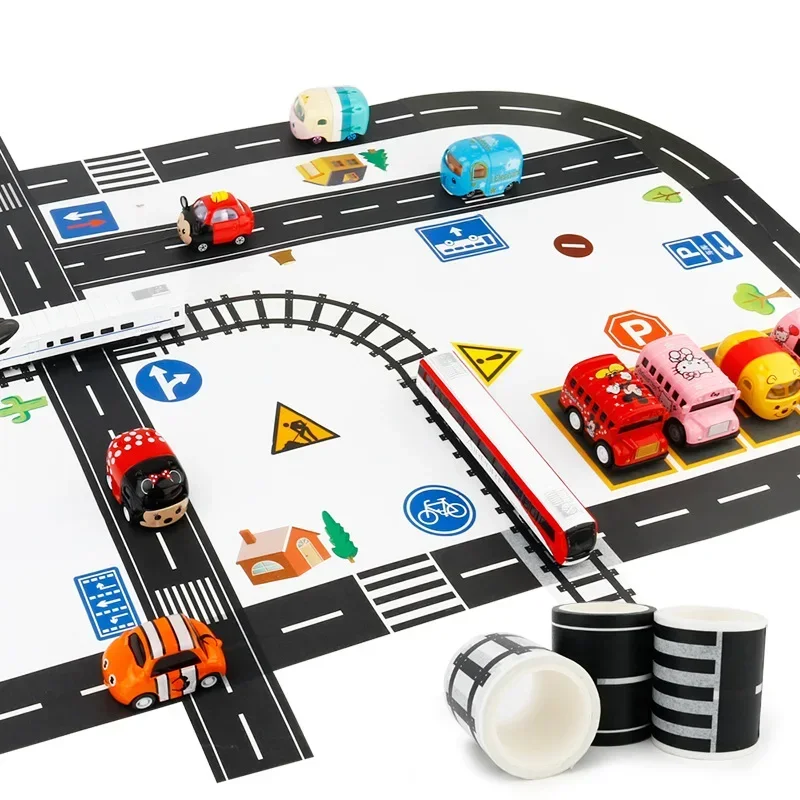 Children's Toy DIY Highway Railway Tape Toy Design Parking Scene Track Compatible with Small Cars and Trains Traffic Tape Toys