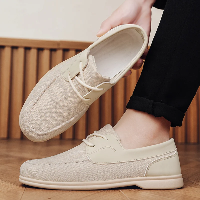 

HKDQ 2025 Бежевая мужская повседневная обувь, модная удобная дышащая парусиновая обувь, мужская оригинальная нескользящая дизайнерская обувь для отдыха, мужская обувь