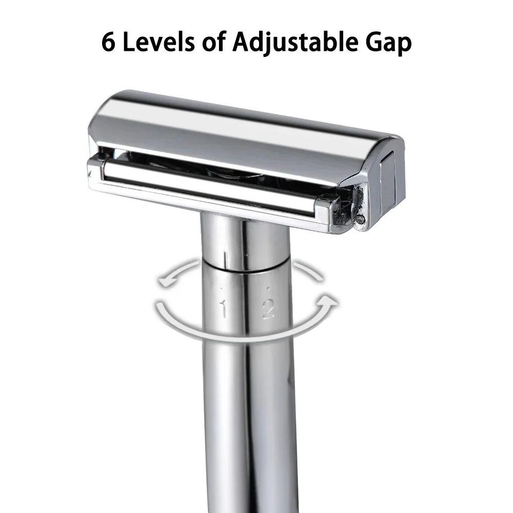 Adjustable Safety Razor Double Edge Mens Shaving Mild to Aggressive 6 Levels Shaver With Auxiliary Rolling Axis (10 Blades)