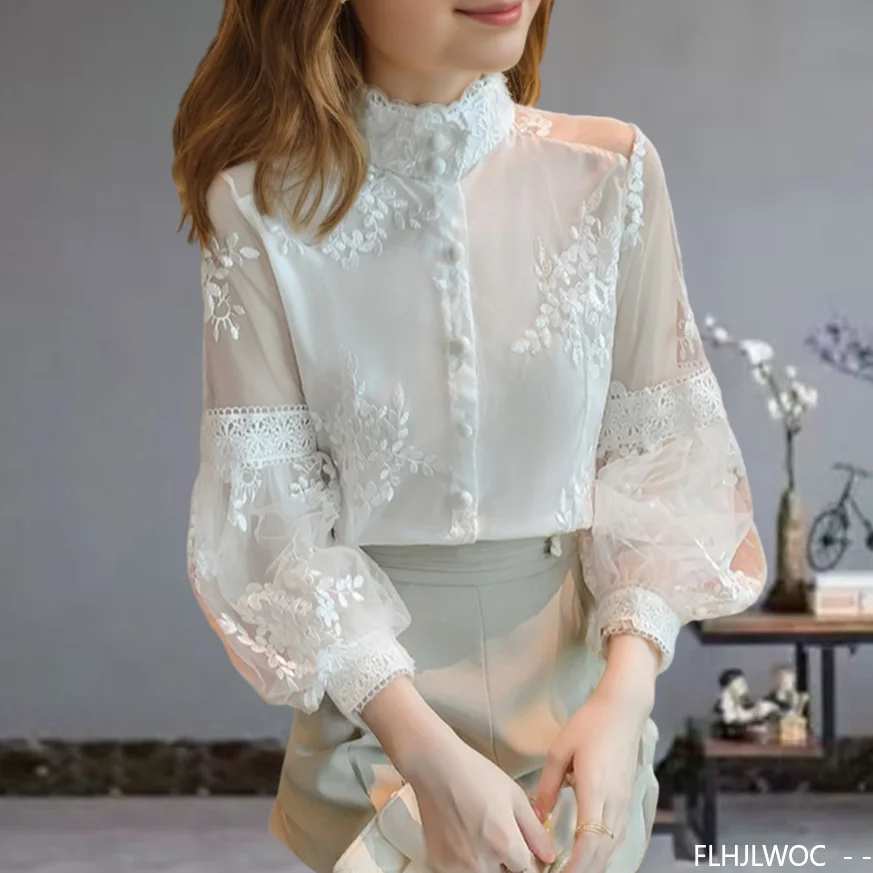 

2025 Spring Basic Shirts Blouses Women Fashion Long Sleeve Elegant Office Lady Work Solid White Lace Ruffled Chic Tops Blusas