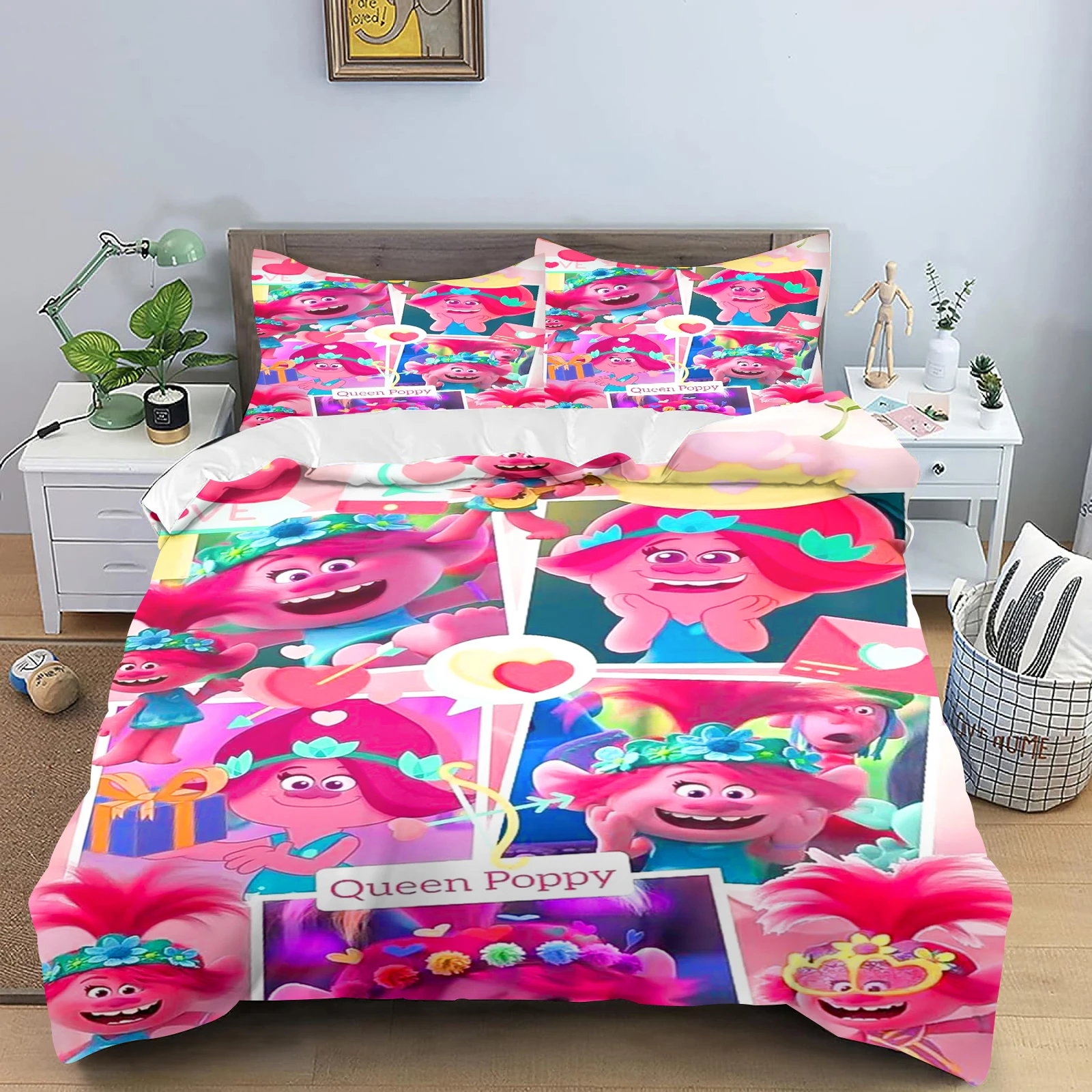 Trolls-funda nórdica con estampado de dibujos animados para niños, juego de dormitorio de poliéster, regalo para adultos, ropa de cama de 2/3 piezas