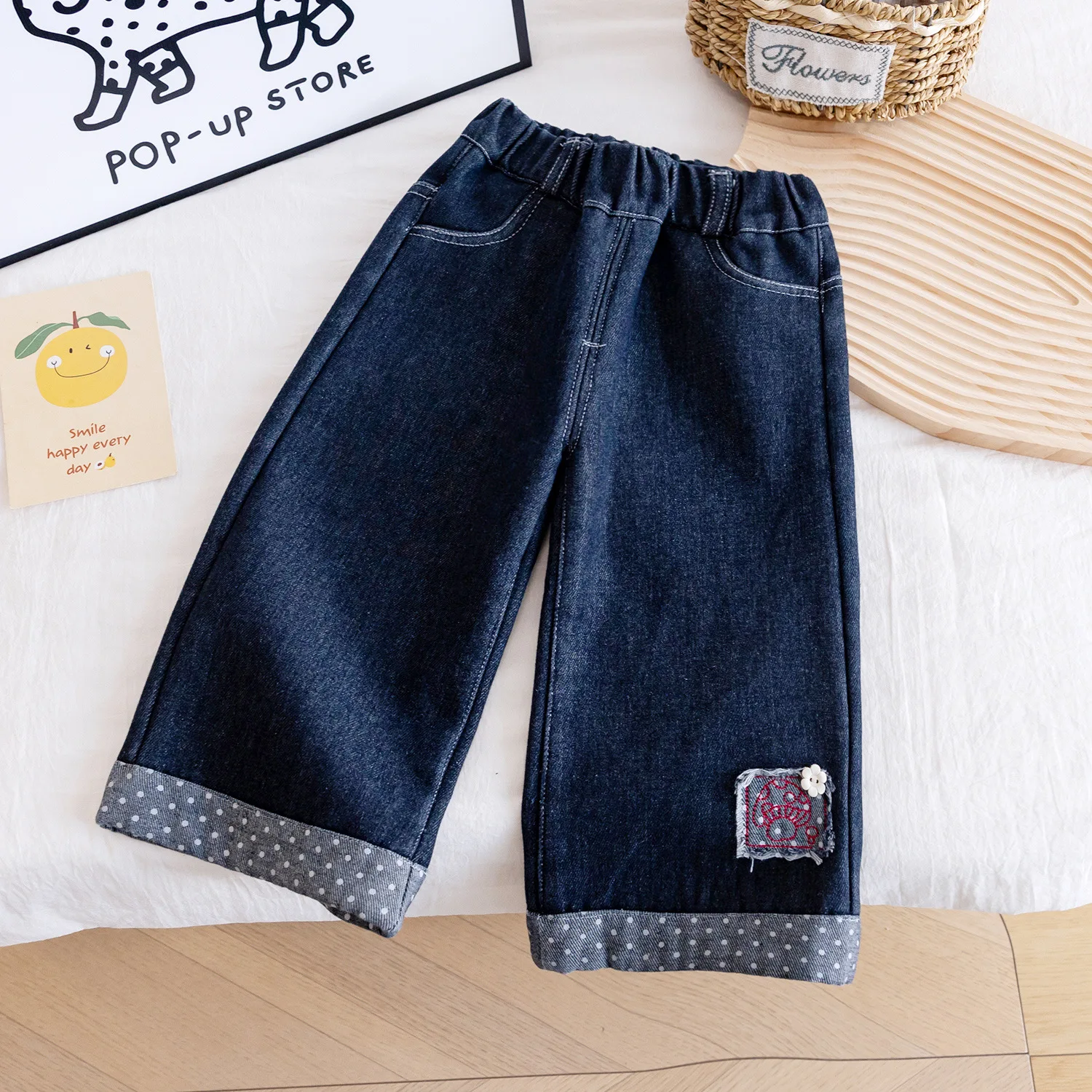 

Toddler Girls Jeans Elastic Waist Polka Dots Infant Baby Girls Thicken Warm Demin Pant New Winter Kids Girls Straight Leg Pant