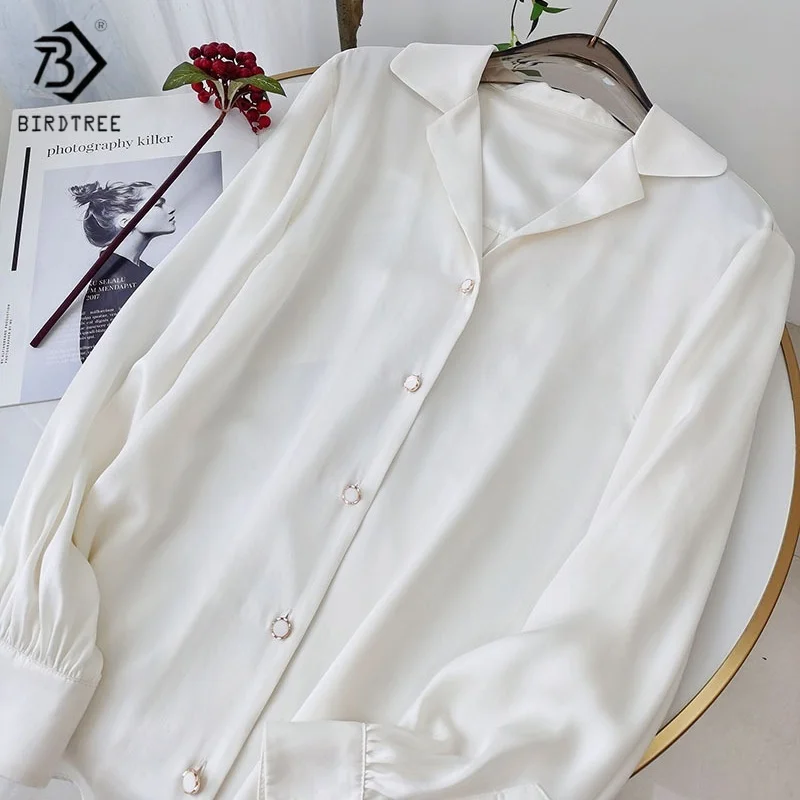 

Birdtree,16MM 100% Real Silk Blouse,Women's Sand Wash Plain Satin Lapel Tops,Full Sleeve,Single Breasted,2025 New Shirt T5D422JF