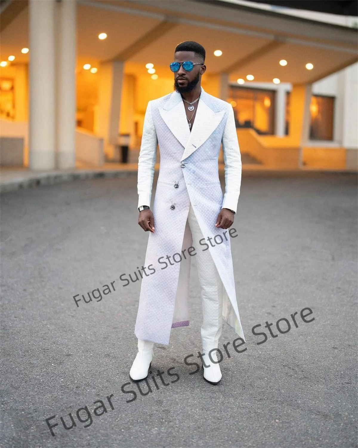 Luxuly Walgeff White Long Wedding Suits For Men Slim Fit Peak Lapel Groom Tuxedos 2Pieces Sets Fashion Male Blazer Costume Homme