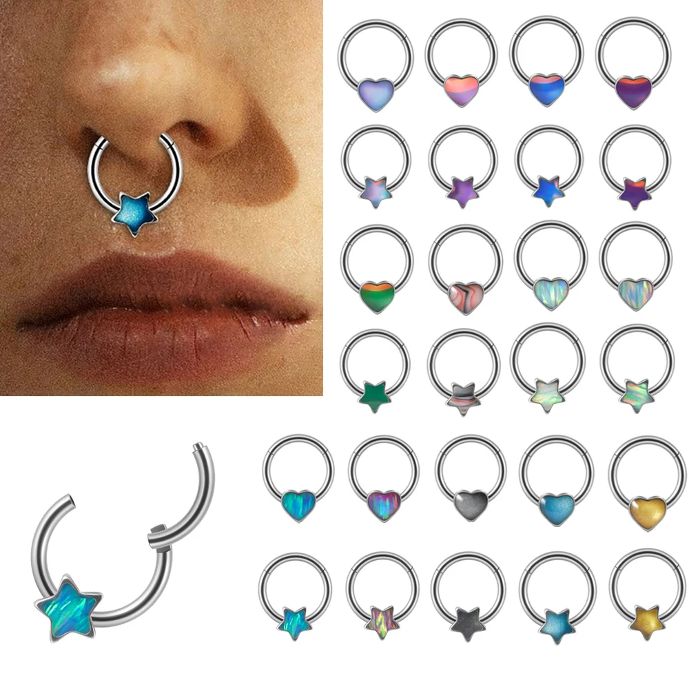 1PC Surgical Steel Flash Film Septum Clicker Bling Opal Star Heart Nose Ring Tragus Cartilage Daith Piercing Helix Ear Jewelry